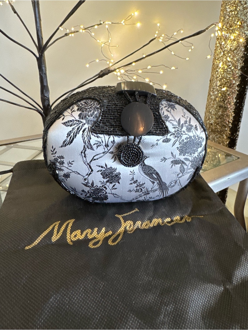 Mary Frances Black & Silver Toile Beaded Evening Bag